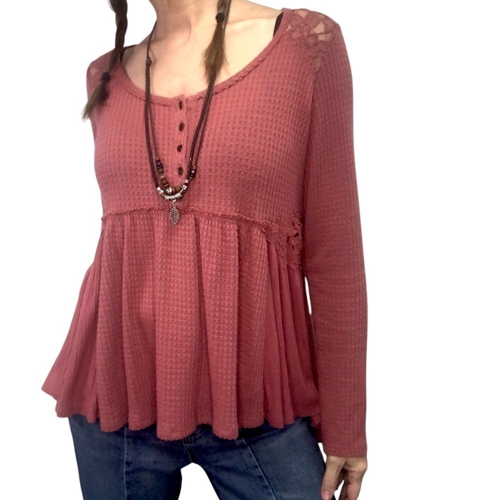 Buckle Babydoll Thermal Top Sz S Skylar & Jade Crochet Trim Prairie Cottagecore